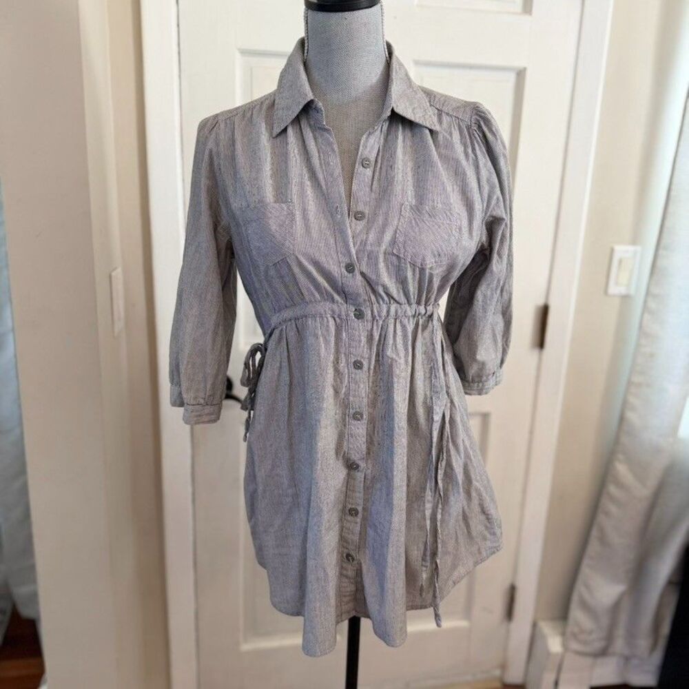 Passport Women's L Gray White Pinstripe 100% Cotton Shirt Dress Button Front Dra